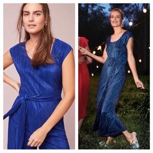 Maeve Sonata Belted Plisse Pleated Belt Tie Wide Leg Blue Jumpsuit